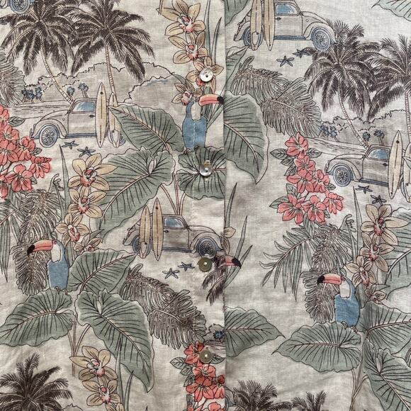 Rachel Zoe M Linen Shirt Dress | Tropical Parrot Print Button Front Resort Vibe - Picture 4 of 5